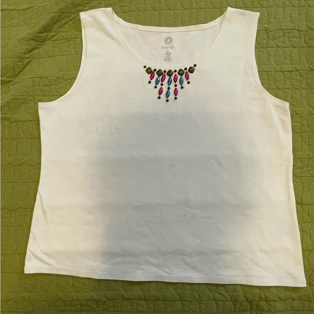 Ruby Rd. White Sleeveless Pullover Shell W/Brown, Teal & Rose Embellished Stones